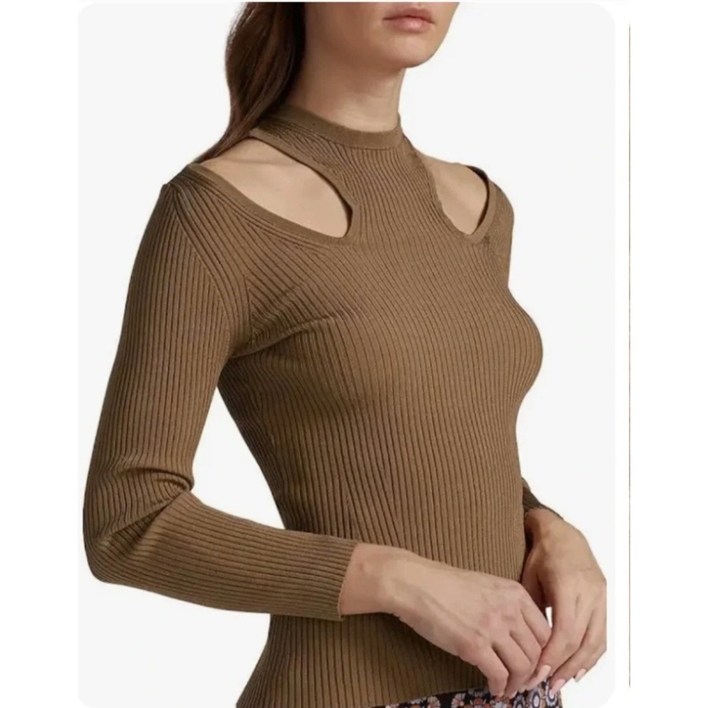 Zimmermann Ribbed Cutout Shoulder Knit Top Brown Size 2 High Neck Fitted, Small